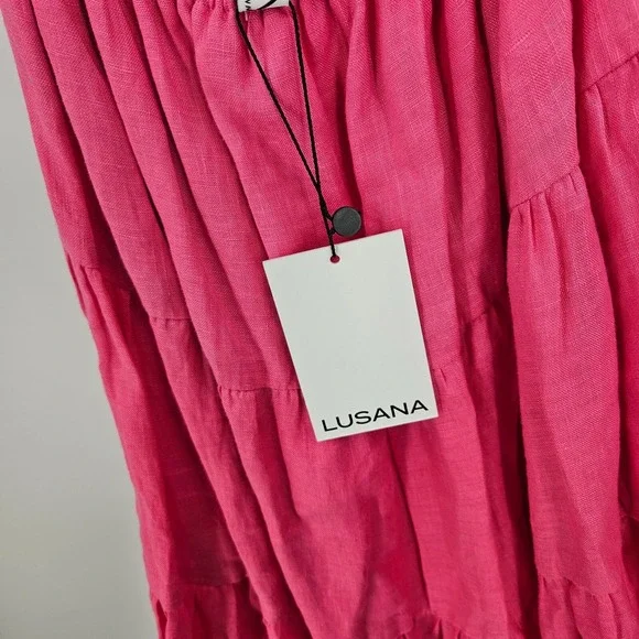 Lusana Kyra Dress Pink Linen Sleeveless Fit & Flare Tiered Open Back Mini NWT 6 - Picture 4 of 8
